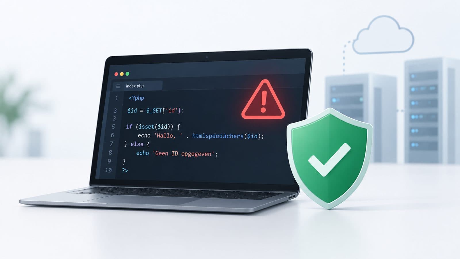 Laptop met PHP-code en een rode waarschuwingsdriehoek, met daarnaast een groen schild met een vinkje